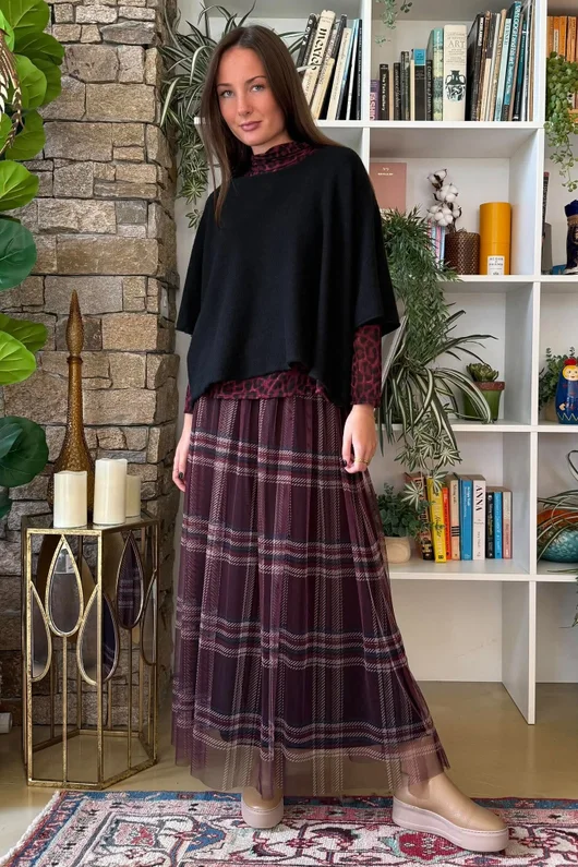 Myrtle Plaid Tulle Midi Skirt Aubergine